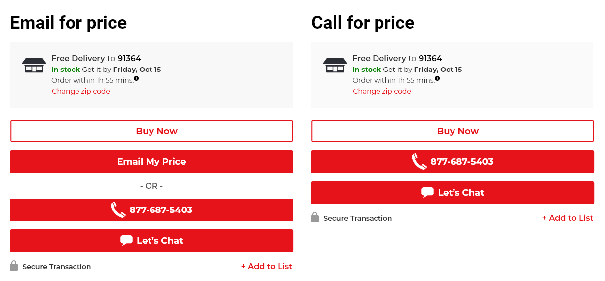 Wireframes showing Email for Price and Call for Price states, replacing Add to Cart with contact options including phone number and live chat